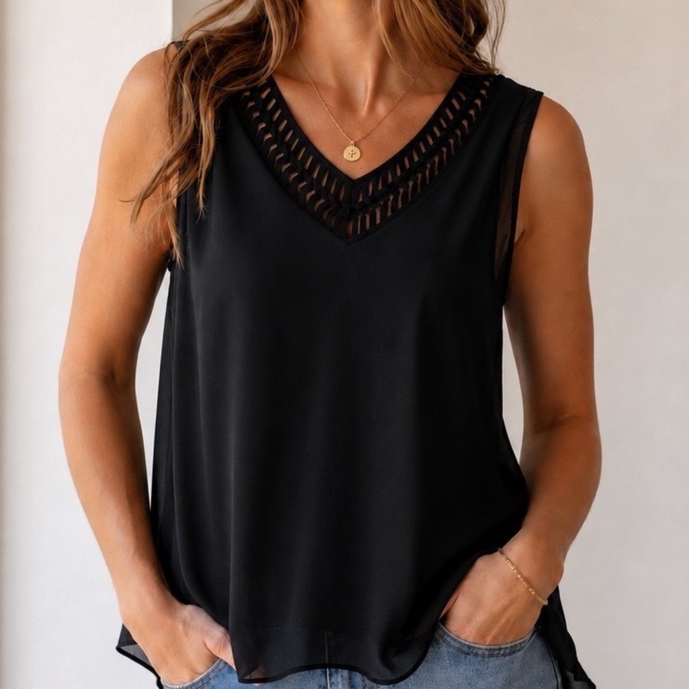 Maeve Anthropologie Black Braided Lattice V-Neck Chiffon Tank Top XS NWT